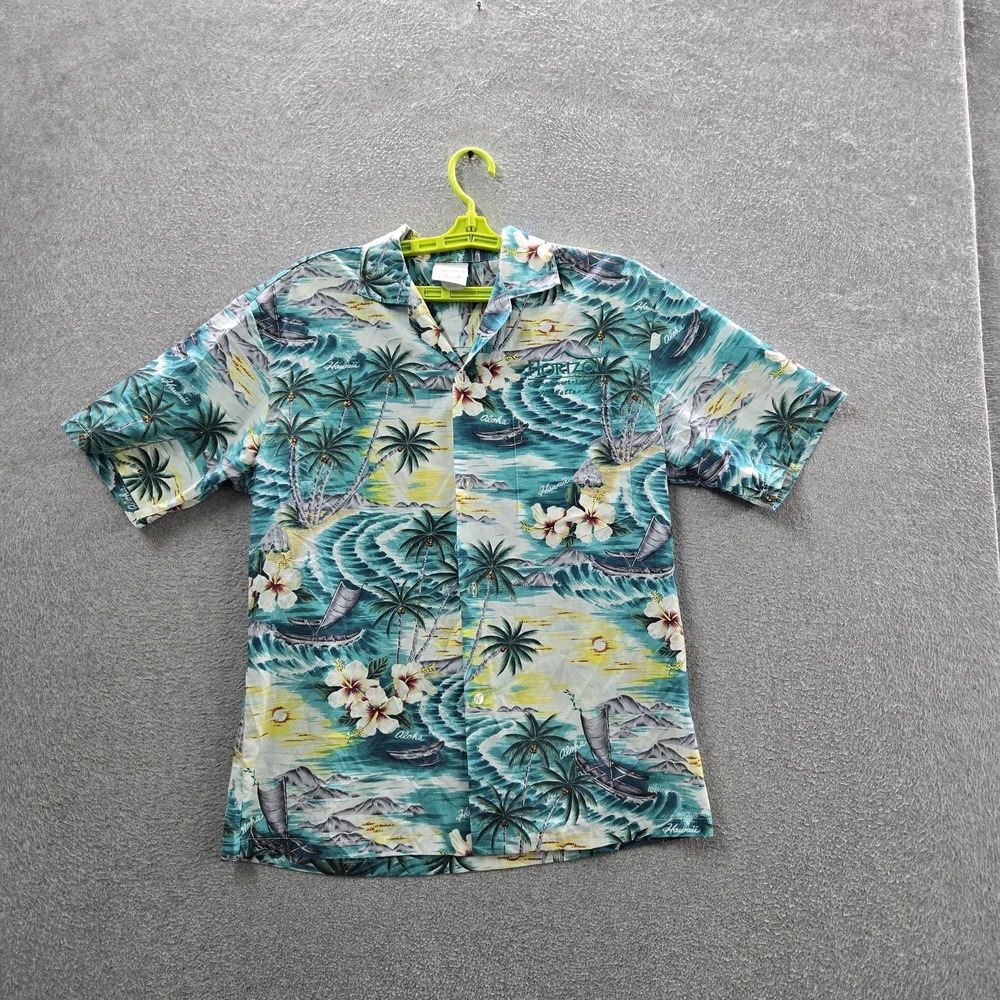 Shaka Time Men Button Up Shirt S Teal Floral Tropical Scene Hawaiian Shirt